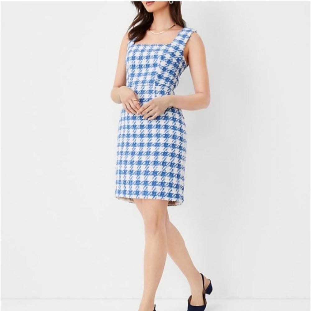 NWT Ann Taylor Blue White Textured Houndstooth Plaid Square Neck Dress Petite 12